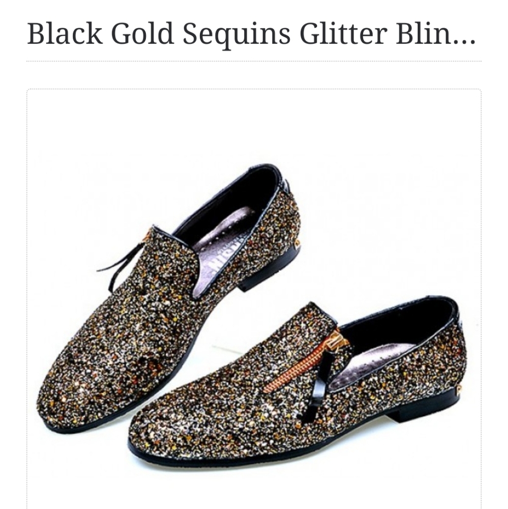 NWOT Gennsin Man's Black Gold Sequins Glitter Blin Loafer Size 40 US 7.5M